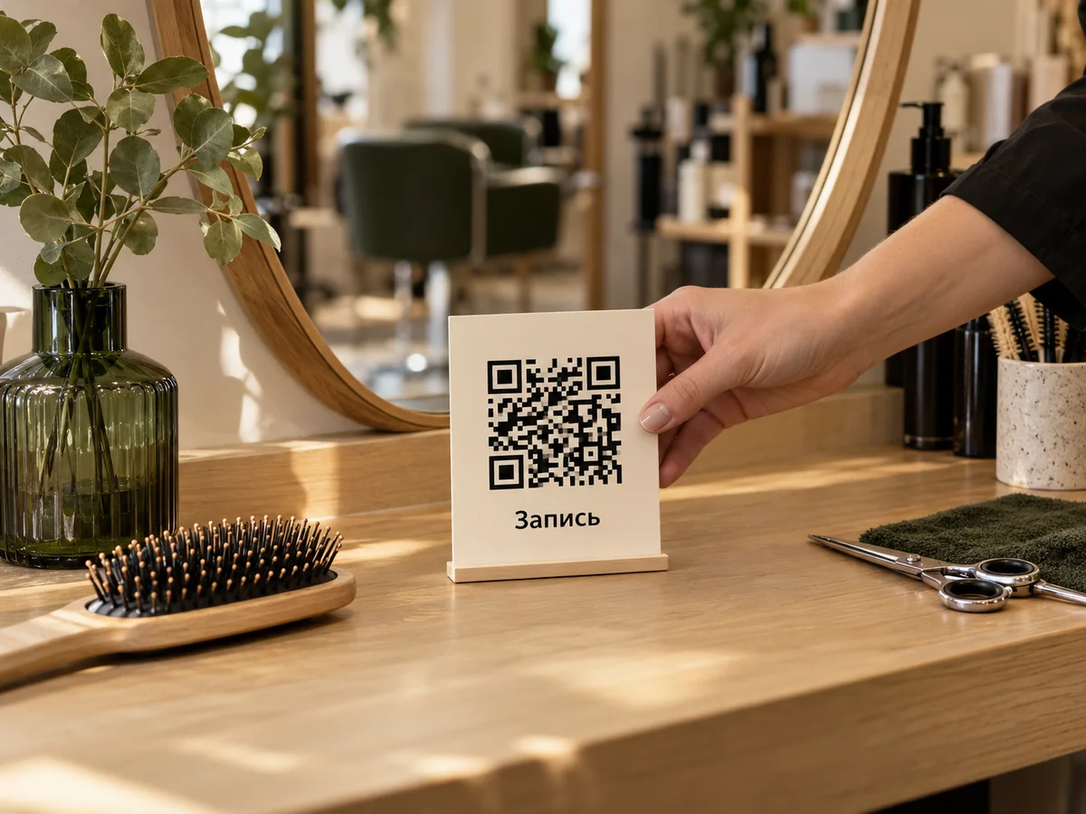QR для записи на стойке мастера рядом с зеркалом и инструментами