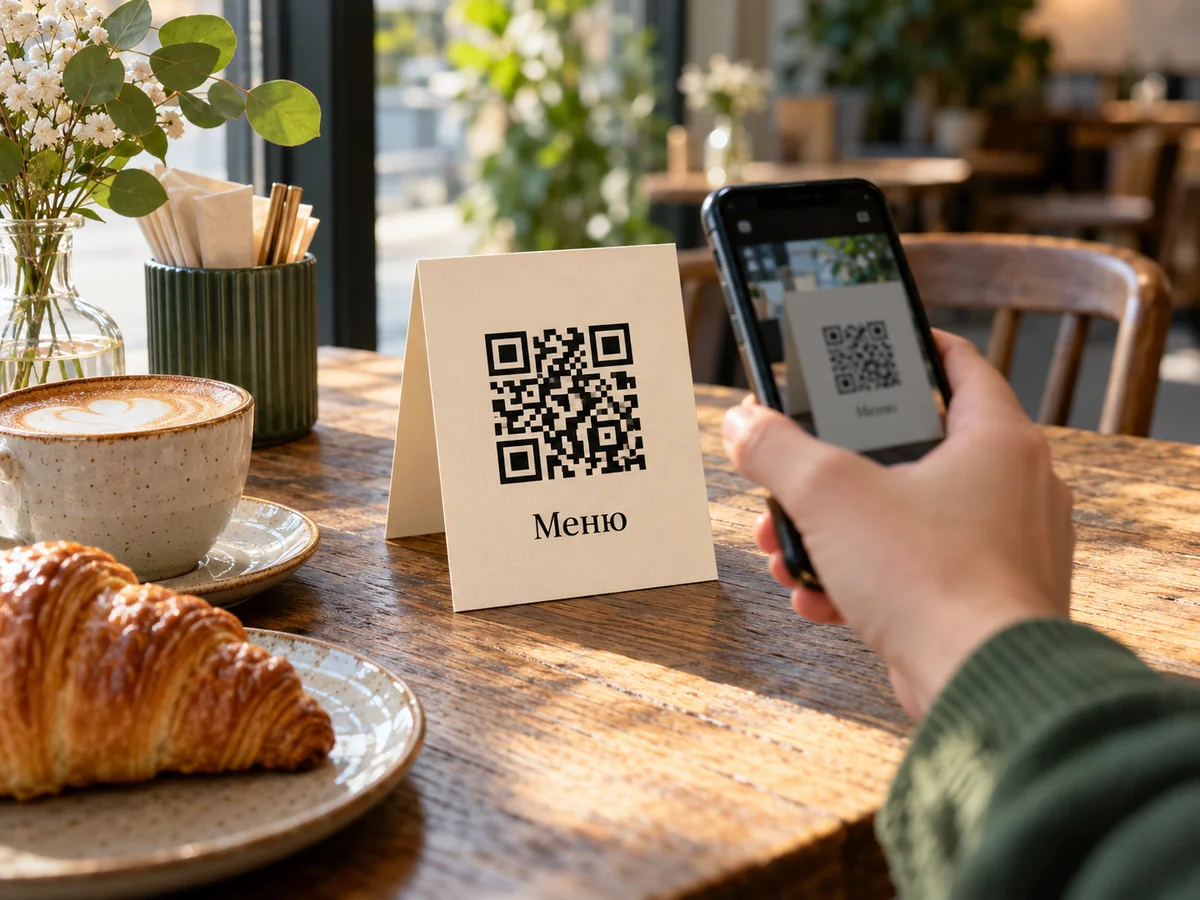 Посетитель сканирует QR меню на табличке рядом с чашкой кофе