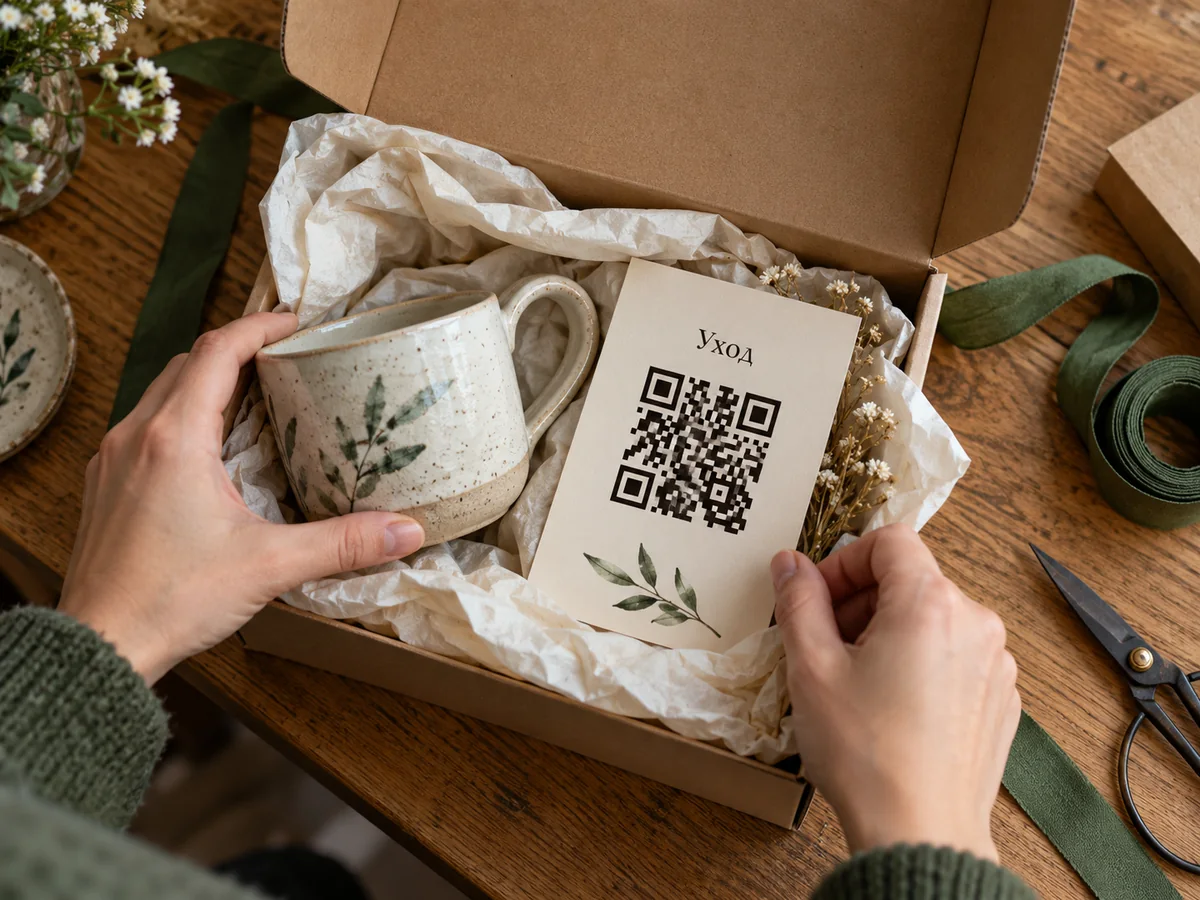 Вкладыш с QR инструкции по уходу в посылке с керамической чашкой