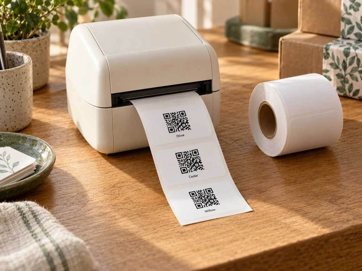 Термопринтер печатает отдельные самоклеящиеся этикетки с QR-кодами